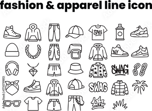 Stylish monochrome outline icons of hoodies, sneakers, caps, baggy pants, and graffiti-inspired apparel — urban youth culture in clean black line design.

