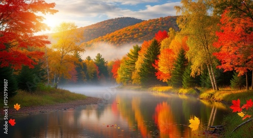 Colorful autumn forest reflecting in calm river at sunrise