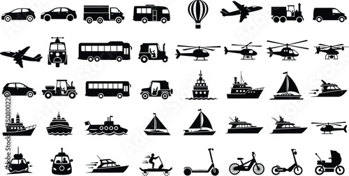 Collection of transportation icons, including car, truck, bus, airplane, and boat