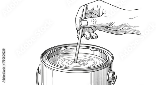 Hand stirring paint in can with stick in black and white sketch
