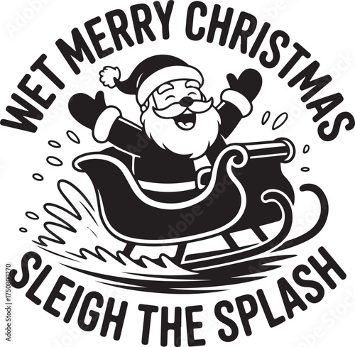 Black and white illustration of Santa Claus in a Religious Symbol Christmas sleigh