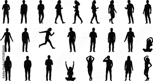 Silhouette of people in various poses and activities, vector illustration