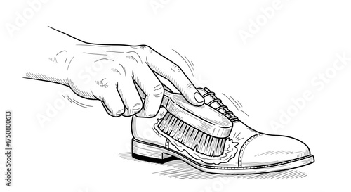 Hand polishing dress shoe with brush in black and white sketch