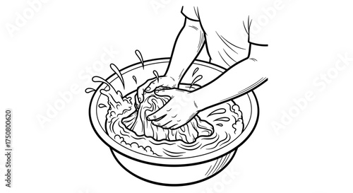 Person hand washing clothes in basin in black and white sketch