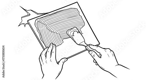 Hands applying plaster to wall crack in black and white sketch