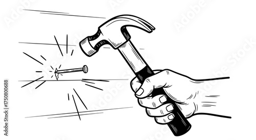 Hand hammering nail into wall in black and white sketch style
