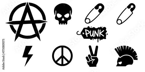 Punk Icon Set: Solid Graffiti Symbols & Logos. Anarchy, Skull, Safety Pin, Peace Sign, Mohawk, DIY Culture Vector.