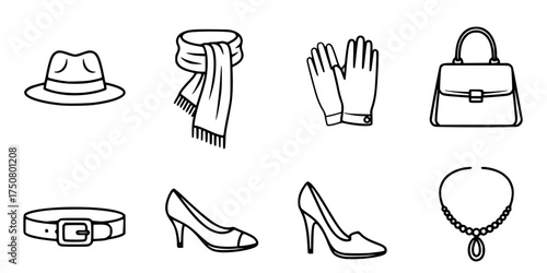 Fashion Accessory Outline Icon Set. Custom Garment, Scarf, Handbag, Jewelry, Shoes, Hat, & Gloves. Retail, Style, & Apparel.

