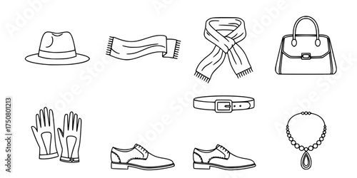 Fashion Accessory Outline Icon Set. Custom Garment, Scarf, Handbag, Jewelry, Shoes, Hat, & Gloves. Retail, Style, & Apparel.

