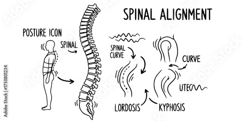Hand-Drawn Spinal Alignment Doodle Illustration. Vertebrae, Posture Icon, Spinal Curve, Lordosis, Kyphosis. Chiropractic, Health, & Wellness.

