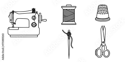 Sewing Essentials Icons. Outline icon set of sewing essentials: sewing machine, thread spool, thimble, hand needle, fabric shears,
