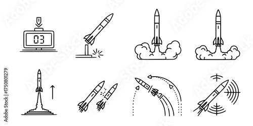 Missile Launch Icons. Outline icon set of missile launch sequence: countdown timer, ignition, plume exhaust, lift-off, separation, trajectory path, tracking,