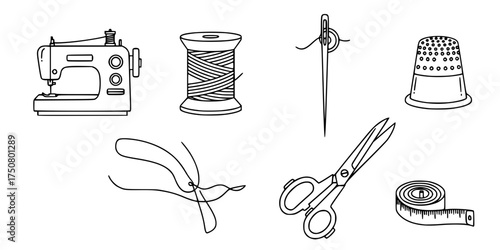 Sewing Essentials Icons. Outline icon set of sewing essentials: sewing machine, thread spool, thimble, hand needle, fabric shears,
