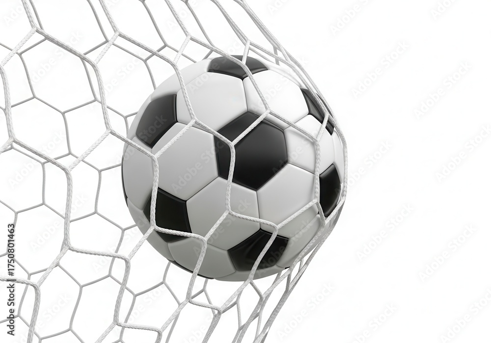 Obraz premium Soccer ball in the net isolated on white background, symbolizing a goal scored