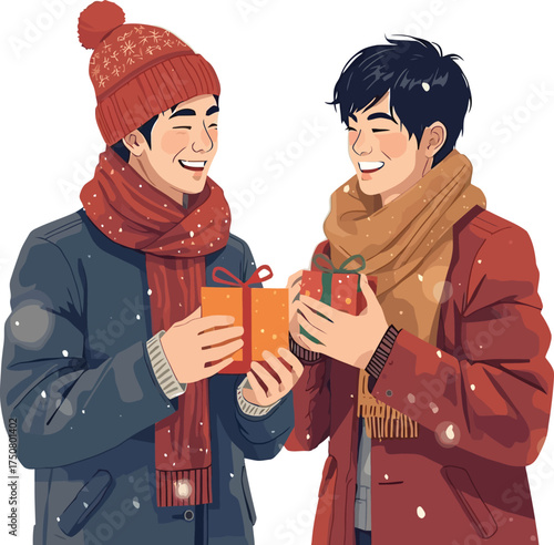 Friends Exchanging Gifts in Winter Snow