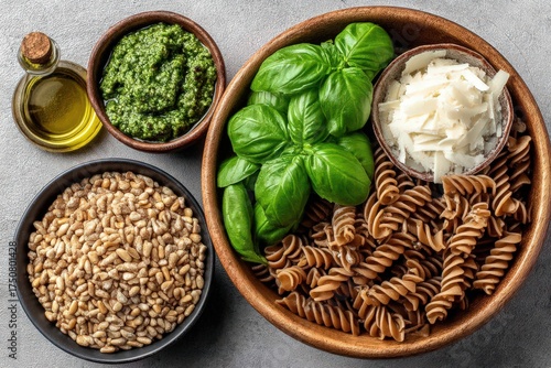 Fresh wholesome ingredients laid out for a gourmet pasta dish featuring whole grain pasta, vibrant basil, rich pesto, and fragrant cheese enhancing the culinary experience