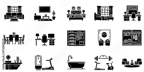 Penthouse Room Solid Icon Set. Luxury Living, Bedroom, Home Office, Walk-in Closet, Gym, Lounge. Real Estate & Interior Design.

