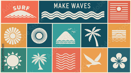 Surfing Themed Icons Vector Graphic Set Summer Vibes Beach Holiday Ocean Design
