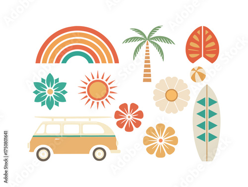 Retro Summer Vibes Icon Set Vector Illustration Tropical Style Graphic Art