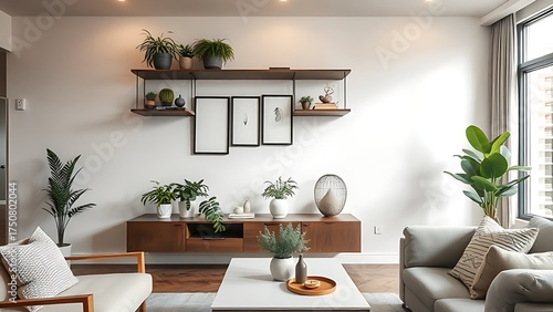 A modern living room interior with a decorative shelf of plants.