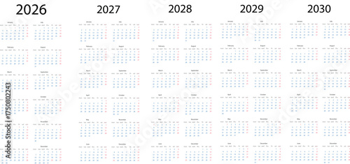 A clear overview of calendar layouts for five consecutive years,  2026, 2027, 2028, 2029 to 2030. Displays monthly divisions and dates for easy planning and reference.