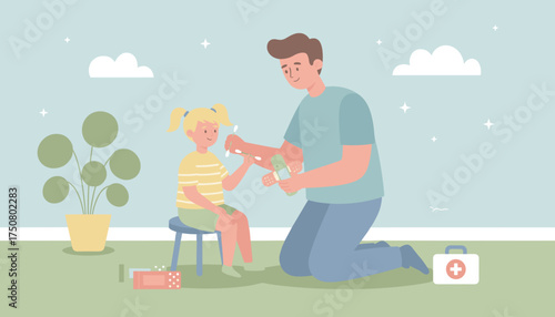Father providing first aid to his daughters scraped knee at home showing care and family support