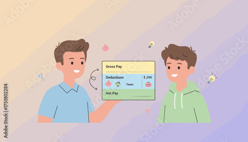 Young men learning about gross pay deductions and net income Financial literacy concept