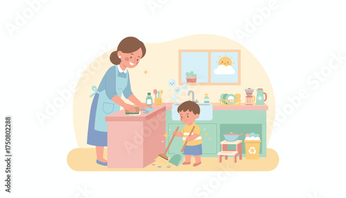 Happy mother and child collaborate on kitchen chores teaching responsibility and teamwork