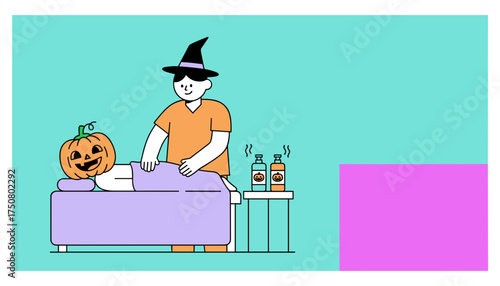 Halloween spa treatment witch giving a pumpkinheaded person a relaxing massage with themed products