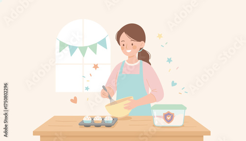 Happy woman baking cupcakes at home whisking batter Joyful domestic lifestyle creative hobby
