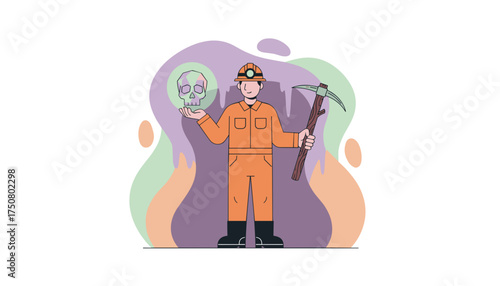 Miner with pickaxe holds a glowing crystal skull symbolizing discovery and hidden treasures