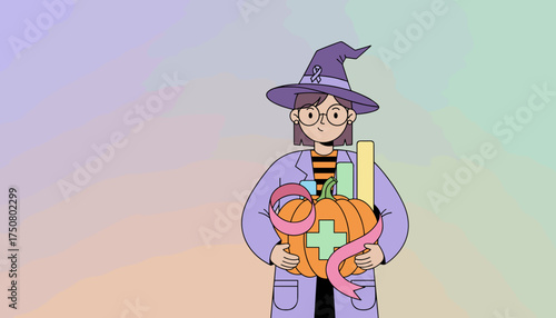 Character holding a medical pumpkin with awareness ribbons and data charts for health and science during fall