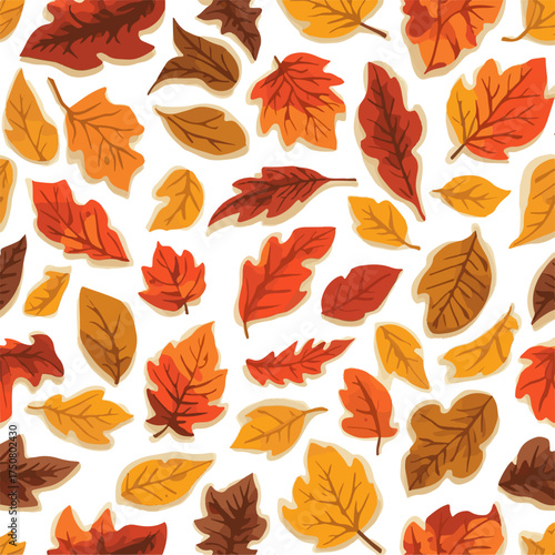 Vector design of A vibrant autumn background featuring a flat design pattern of fall leaves in warm golden, orange, and crimson hues, with delicate details and subtle texture