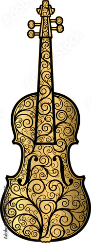 Ornate Golden Violin with Intricate Swirl Designs.
