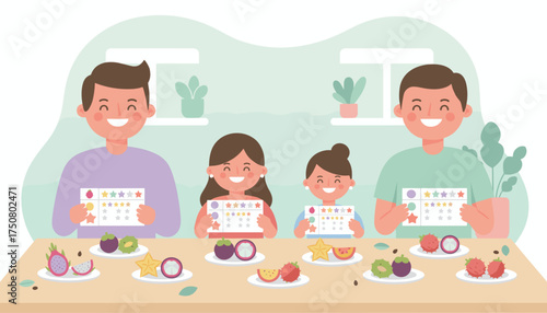 Smiling family rates exotic fruits enjoying new flavors and healthy eating lifestyle