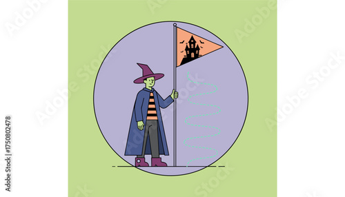 Friendly witch holds a Halloween flag with a spooky haunted house for festive fun and promotions