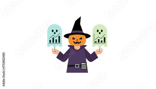 Halloween business analysis Pumpkin head witch holds ghost figures with data charts and calculator