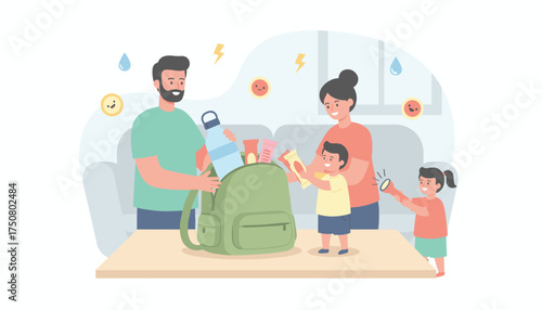 Happy family packing backpack with essentials like water snacks flashlight for outing or emergency