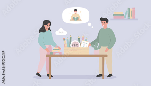 Happy couple setting up an organized study area with a timer promoting focus and knowledge