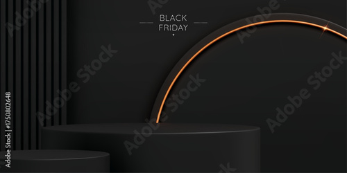 Black Friday background with round podium and golden arch. Minimal mockup display with pedestal for product presentation. Luxury wall scene. Realistic vector illustration