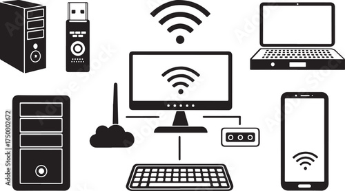 WebMinimalist black and white flat design illustration of computer and network devices including servers, laptop, desktop, smartphone, router, cloud storage, keyboard, and speakers on white background