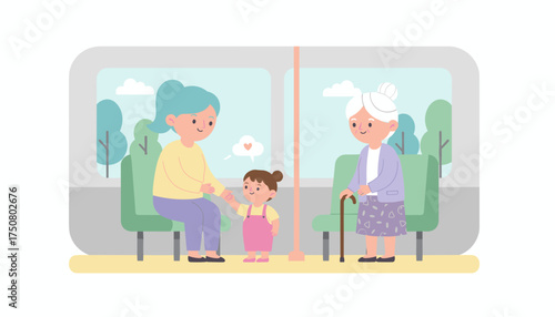 Three generations traveling together showing family love and care on public transport
