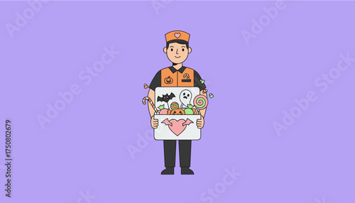 Smiling delivery person in uniform holds a box filled with festive Halloween candies and treats
