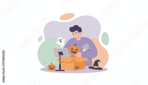 Man unboxes Halloween decorations watching content on a tablet for a festive celebration