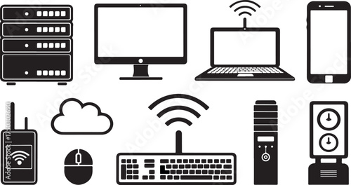 WebMinimalist black and white flat design illustration of computer and network devices including servers, laptop, desktop, smartphone, router, cloud storage, keyboard, and speakers on white background