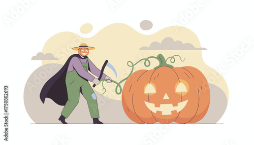 Halloween scarecrow with scythe tending to a glowing jackolantern Autumn festivities and spooky season