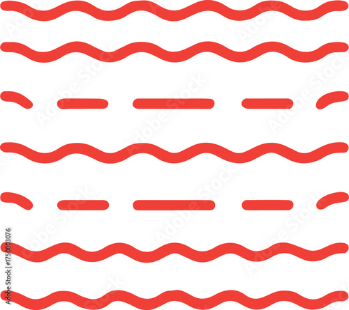 Simple yet Versatile Red Wavy and Dashed Line Graphic Pattern Ideal for Creating Unique Borders, Dividers, and Decorative Accents in Digital and Print Media