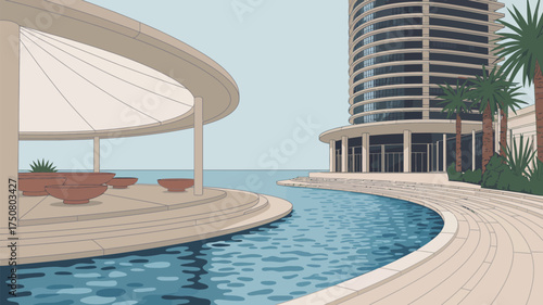 Illustration of a modern building with a pool and a covered seating area near the ocean view area