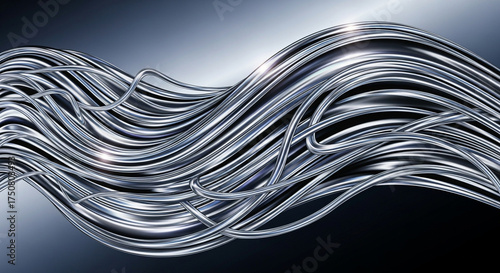 A mesmerizing abstract rendering showcases a dynamic arrangement of metallic cables, their sleek surfaces reflecting light and shadow in a captivating dance