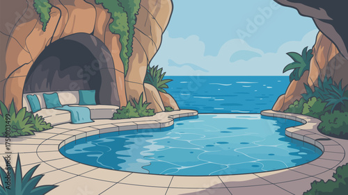 A cartoon illustration of a pool area by the ocean with a cave and lounge area on the left side